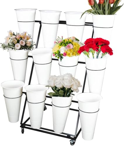 MIDUOLAI BlumenstäNder, Metall-PflanzenstäNder Mit Eimern,Robustes, Bewegliches Pflanzenregal, FüR Terrassengarten, Wohnzimmer, Floristen,Weiß,3 Tier 12 Bucket von MIDUOLAI