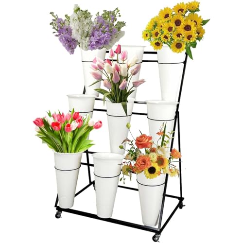 MIDUOLAI BlumenstäNder, Metall-PflanzenstäNder Mit Eimern,Robustes, Bewegliches Pflanzenregal, FüR Terrassengarten, Wohnzimmer, Floristen,Weiß,3 Tier 9 Bucket von MIDUOLAI