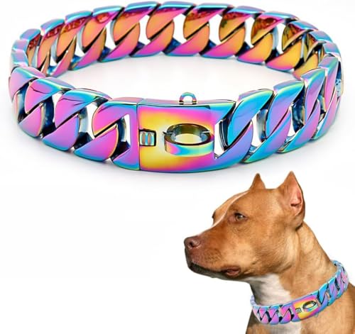 MIDUOLAI LuxuriöSes Hundehalsband Aus Goldkette, Hochbelastbare Kubanische WüRgekette, 32 Mm Breit, Hundehalsband, Starke Stahlmetallglieder, FüR GroßE Rassen,Coloured,20inch(50cm) von MIDUOLAI