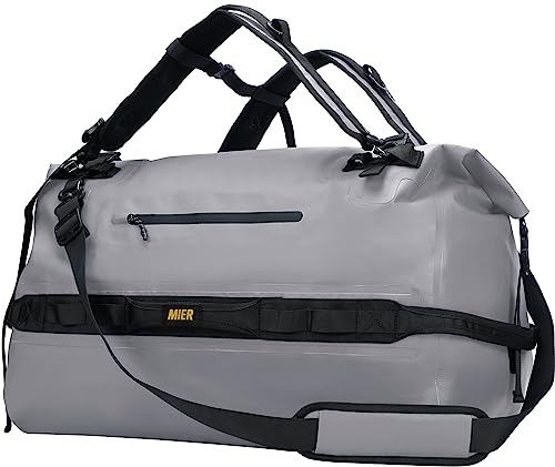 MIER Wasserfeste Reisetasche Duffle Bag mit Rucksackfunktion Rolltop Sporttasche für Seesack, Schwimmentaschen, Fitnesstasche,Segeltasche oder Motorradtasche, Strand,Grau-80L von MIER