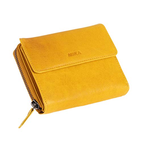 MIKA 42172 - Damengeldbörse aus Echt Leder, Portemonnaie im Hochformat, Geldbeutel mit 9 Kartenfächer, 5 Einsteckfächer, Scheinfach und 2 Münzfächer, Brieftasche in gelb, ca. 13 x 10 x 2,5 cm von MIKA