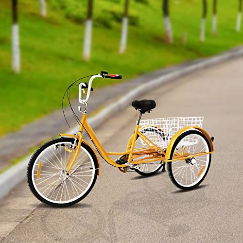 MIKIYUEER 24 Zoll Dreirad für Erwachsene 3 Rad 6 Gang Seniorenrad mit Korb - Stabile Struktur und Komfort - Höhenverstellbarer Lenker und Sitz - Erwachsene Senioren Tricycle (Gelb) von MIKIYUEER