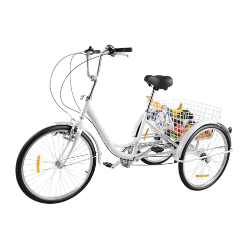 MIKIYUEER 24 Zoll Dreirad für Erwachsene 3 Rad 6 Gang Seniorenrad mit Korb - Stabile Struktur und Komfort - Höhenverstellbarer Lenker und Sitz - Erwachsene Senioren Tricycle (Weiß) von MIKIYUEER