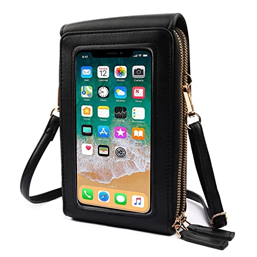 MINGHOO Damen Handy Touchscreen Umhängetasche Handytasche Zum Umhängen PU Leder Geldbörse Portemonnaie Tasche Schultertasche mit Kartenfächer Abnehmbar Schultergurt (Schwarz-1), Einheitsgröße von MINGHOO