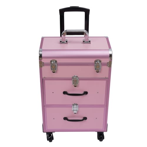 MINRS Kosmetikkoffer Kosmetik Trolley Schminkkoffer mit 360° drehbare Rollen Make Up Koffer Beauty Case Nagelkoffer Groß Friseurkoffer für Friseure, Maskenbildner und Maniküre (Rosa) von MINRS