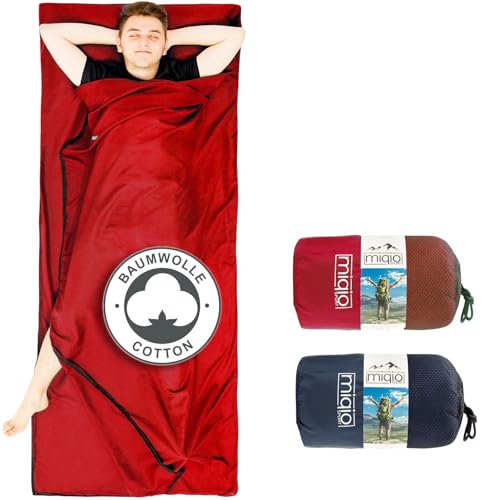 Miqio® 2in1 Baumwoll-Hüttenschlafsack mit durchgängigem Reißverschluss (Koppelbar): Leichter Komfort Reiseschlafsack und XL Reisedecke in Einem - Sommer Schlafsack Innenschlafsack (Rot,Rechts) von Miqio
