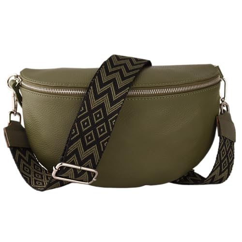 MIRROSI® Bauchtasche Damen, Echtleder, Made in Italy, Umhängetasche, Brusttasche, Crossbody Bag (1 Tasche & 2 Gurte) (Khakigrün (Bohemian Khakigrün Schwarz), Große Tasche (28x18x9cm)) von MIRROSI