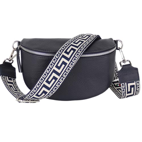 MIRROSI® Bauchtasche Damen, Echtleder, Made in Italy, Umhängetasche, Brusttasche, Crossbody Bag (1 Tasche & 2 Gurte) (Navy (NN Navy), Mittelgroße Tasche (25x16x7cm)) von MIRROSI