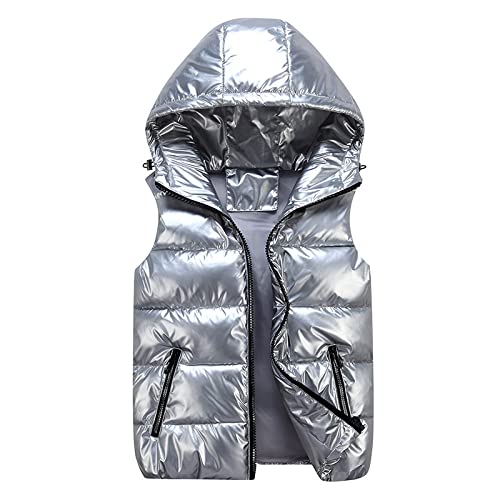 Glänzende Warme Winterweste Damen Daunenjacke Aus Baumwolle Mit Kapuze Gilet Mantel Wasserabweisend Ärmellos Gefütterte Kapuzenjacke wasserdichte Weste, Silber, XL von MIYAA