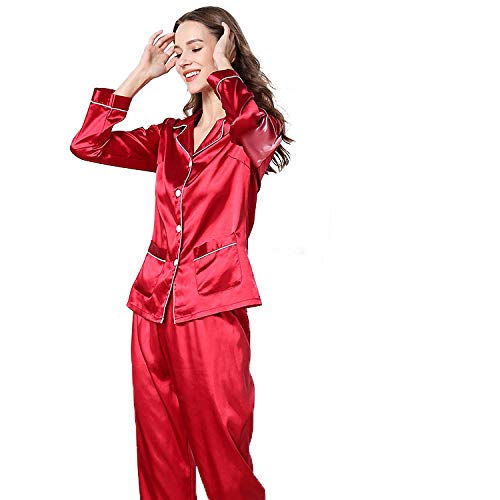 MIYAA Damen Pyjama Satin Schlafanzug Set,Damen Satin Pyjamas Set Langarm Nachtwäsche Klassische Einfarbige Knöpfe 2-Teilige Pyjamas Lady Nightwear Schlafset Loungewear,Rot,M. MIYAA Damen Pyjama Satin Schlafanzug Set,Damen Satin Pyjamas Set Langarm Nachtwäsche Klassische Einfarbige Knöpfe 2-Teilige Pyjamas Lady Nightwear Schlafset Loungewear,Rot,M. von MIYAA