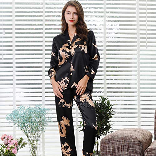 MIYAA Damen Pyjama Satin Schlafanzug Set,Damen Seidensatin Pyjama Set 2Pcs Langarm Hose Chinesischer Stil Neujahr Drachendruck Nachtwäsche Herren Paar Pyjama Loungewear (Schwarz),Damen,M. von MIYAA