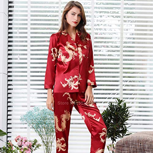 MIYAA Damen Pyjama Satin Schlafanzug Set,Damen Seidensatin Pyjama Set 2Pcs Langarm Hose Chinesischer Stil Neujahr Dragon Print Nachtwäsche Herren Paar Pyjama Loungewear (Rot),Damen,XL von MIYAA