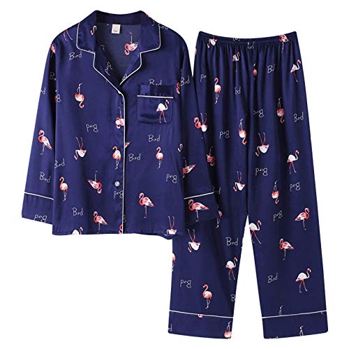 MIYAA Damen Pyjama Satin Schlafanzug Set,Ice Silk Satin Pyjama Set Revers Eleganter Druck Pyjama Langarm Pyjama Set Damen Button Down Nachtwäsche Nachtwäsche Loungewear,Blue Flamingo,L. von MIYAA