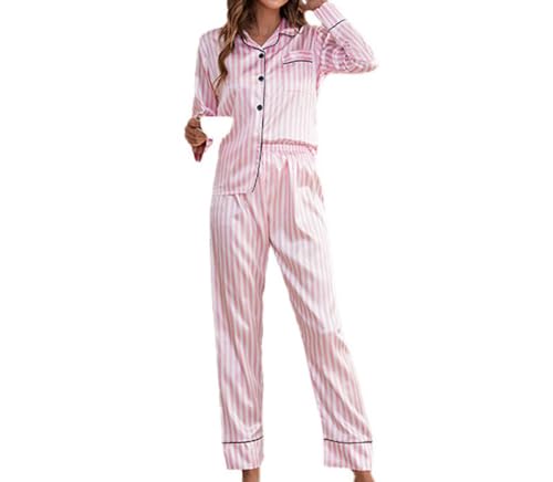 MIYAA Damen Pyjama Satin Schlafanzug Set,Silk Pijamas Women Striped Long Sleeves Set Satin Pyjamas Pjs Loungewear 2 Pces Sommer Nachtwäsche Nightwear,Pink,Xs MIYAA Damen Pyjama Satin Schlafanzug Set,Silk Pijamas Women Striped Long Sleeves Set Satin Pyjamas Pjs Loungewear 2 Pces Sommer Nachtwäsche Nightwear,Pink,Xs von MIYAA