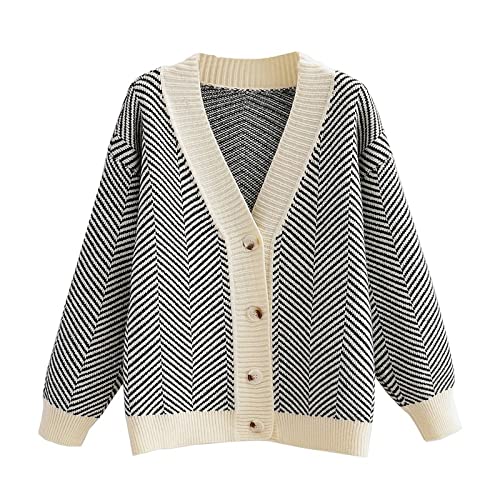 Strickjacke Damen,Damen Strickjacke Elegante Gestreifte Strickjacke Vintage Pullover Lady Fashion Strick Strickjacke Mantel Langarm Offene Front Lose Strickwaren Pullover,Beige,Einheitsgröße von MIYAA