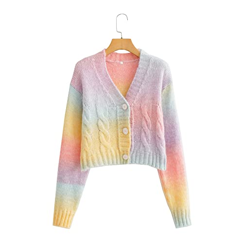 Strickjacke Damen,Herbst Crop Cardigan Fashion Open Front Strickwaren Regenbogen Farbe Frauen Langarm Strickjacke Einreiher V-Ausschnitt Lose Pullover Mantel, Mehrfarbig, M von MIYAA