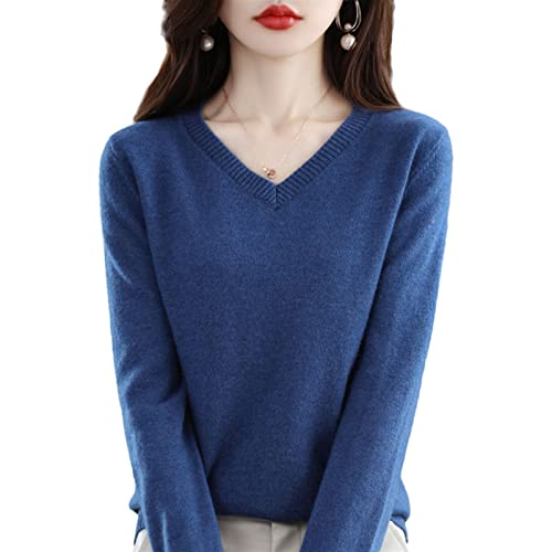 MIYYO Damen 100% Wolle Pullover Elegant V-Ausschnitt Sweatshirt Herbst Winter Langarm Warm Kaschmir Strickpullover Frauen Lässig Oversize Strickpulli (Color : Blue, Size : S) von MIYYO