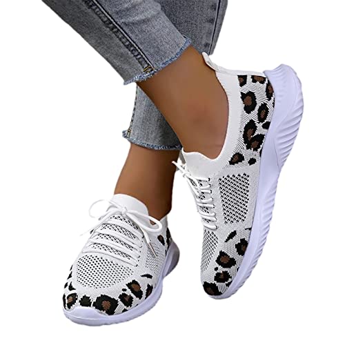 MIYYO Damen Freizeit Walkingschuhe Retro Leoparden Print Turnschuhe Sommer Atmungsaktiv Strick Mesh Straßenlaufschuhe Leicht Weiche Sohle Orthopädische Schuhe (Color : Brown, Size : 40 EU) von MIYYO