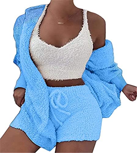 MIYYO Damen Plüsch 3-teiliges Pyjama Set Winter Frühling Warm Schlafanzug Coral Fleece Samt Nachtwäsche Kapuzenjacke Frauen Crop Tank Top Und Shorts (Color : Blue, Size : S) von MIYYO