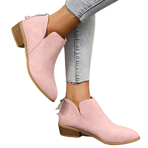 MIYYO Elegant Stiefeletten Damen Chelsea Ankle Boots Mit Blockabsatz Biker Booties Mit Reißverschluss Frauen Herbst Winter Knöchel Schuhe Freizeit Kurz Stiefel Für Party (Color : Pink, Size : 39 EU) von MIYYO