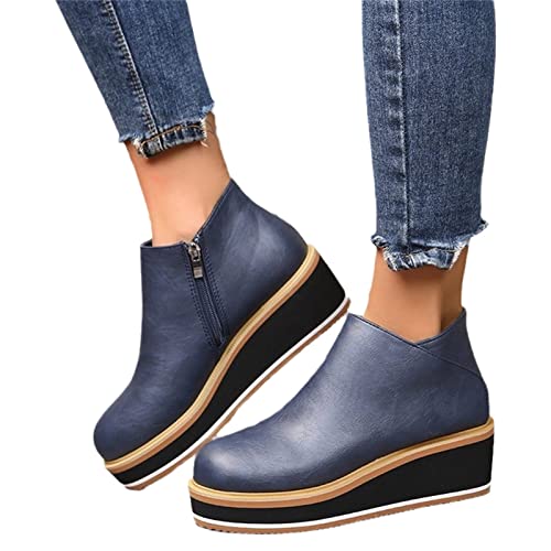 MIYYO Freizeit Stiefeletten Damen Plateau Ankle Boots,Frühling PU-Leder Kurz Stiefel Mit Reißverschluss,Frauen Britischer Stil Große Größe Knöchel Schuhe (Color : Blue, Size : 37 EU) von MIYYO