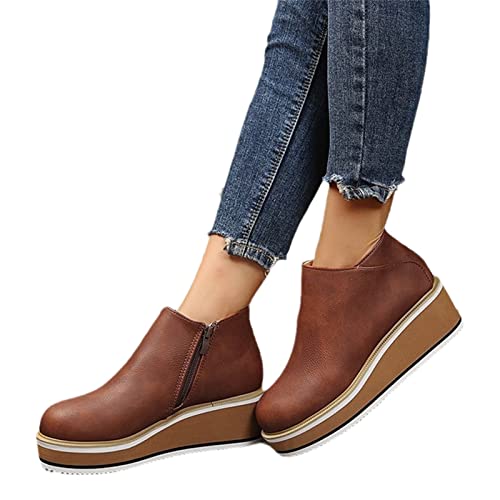 MIYYO Freizeit Stiefeletten Damen Plateau Ankle Boots,Frühling PU-Leder Kurz Stiefel Mit Reißverschluss,Frauen Britischer Stil Große Größe Knöchel Schuhe (Color : Brown, Size : 35 EU) von MIYYO