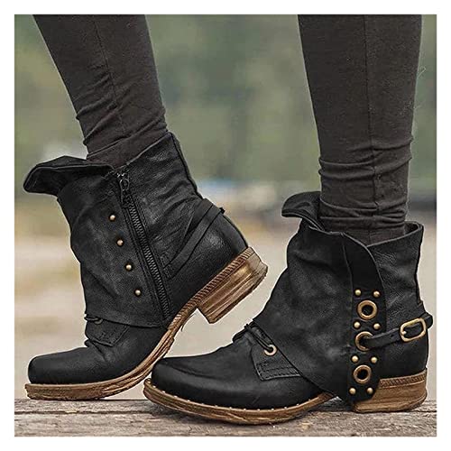 MIYYO Herbst Winter Biker Booties Damen Vintage PU-Leder Stiefeletten Combat Ankle Boots Mit Reißverschluss Fashion Kurz Stiefel Mit Stollen Outdoor Warm Schneestiefel rutschfest Gummistiefel von MIYYO