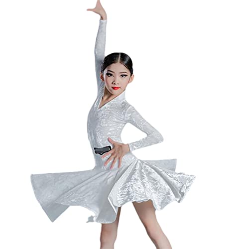 MIYYO Mädchen Latein Tanz Kleider Girls Herbst Winter Samt Lange Ärmel V-Ausschnitt Leotards Dance Dress Kinder Ballroom Tango Salsa Tanz Wettbewerb Kostüme (Color : White, Size : 160) von MIYYO