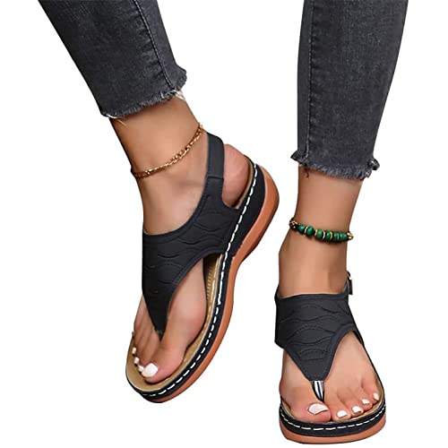 MIYYO Orthopädische Sandalen Für Damen Retro Zehentrenner Sandaletten Komfort Walking Pantoffeln with Arch Support PU-Leder Plateau Sandals Freizeit Boho Strandschuhe (Color : Black, Size : 37 EU) von MIYYO