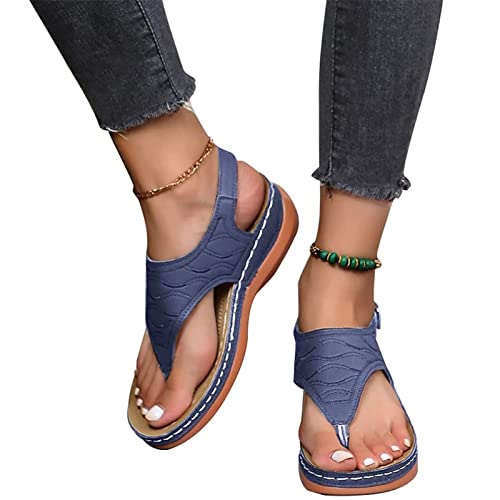 MIYYO Orthopädische Sandalen Für Damen Retro Zehentrenner Sandaletten Komfort Walking Pantoffeln with Arch Support PU-Leder Plateau Sandals Freizeit Boho Strandschuhe (Color : Blue, Size : 36 EU) von MIYYO