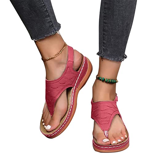 MIYYO Orthopädische Sandalen Für Damen Retro Zehentrenner Sandaletten Komfort Walking Pantoffeln with Arch Support PU-Leder Plateau Sandals Freizeit Boho Strandschuhe (Color : Red, Size : 38 EU) von MIYYO