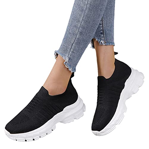 MIYYO Plateau Orthopädische Schuhe Damen Freizeit Walkingschuhe Leicht Slip-on Sneaker Sommer Atmungsaktiv Strick Mesh Laufschuhe Fly Woven Turnschuhe (Color : Black, Size : 38 EU) von MIYYO