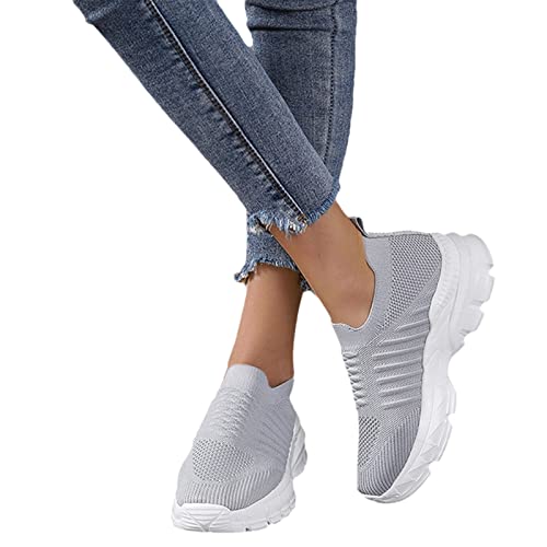 MIYYO Plateau Orthopädische Schuhe Damen Freizeit Walkingschuhe Leicht Slip-on Sneaker Sommer Atmungsaktiv Strick Mesh Laufschuhe Fly Woven Turnschuhe (Color : Gray, Size : 37 EU) von MIYYO