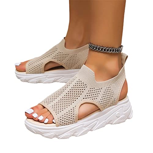 MIYYO Strick Mesh Sport Sandalen Für Damen Sommer Orthopädische Sandaletten Gummi Plateau Strandsandals Student Freizeit Flache Walkingschuhe (Color : Beige, Size : 42 EU) von MIYYO