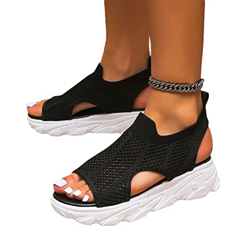 MIYYO Strick Mesh Sport Sandalen Für Damen Sommer Orthopädische Sandaletten Gummi Plateau Strandsandals Student Freizeit Flache Walkingschuhe (Color : Black, Size : 35 EU) von MIYYO