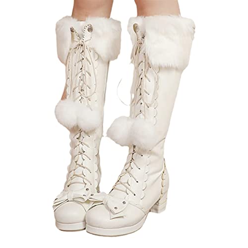 MIYYO Student Hohe Stiefel Damen Lolita Lange Boots Süß Schnürstiefel Mit Schleife Winter Warm Schneestiefel Mit Haarkugel,Frauen PU-Leder Party Schuhe Mit Blockabsatz (Color : White, Size : 39 EU) von MIYYO