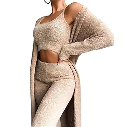 Winter Frühling Pyjamas Damen Mädchen Dreiteilig Ensembles de Schlafanzug Warm Coral Fleece Samt Nachtwäsche Kapuzenpullover Jacke Crop Tank Top und Hoher Taille Shorts ( Color : Apricot , Size : M ) von MIYYO