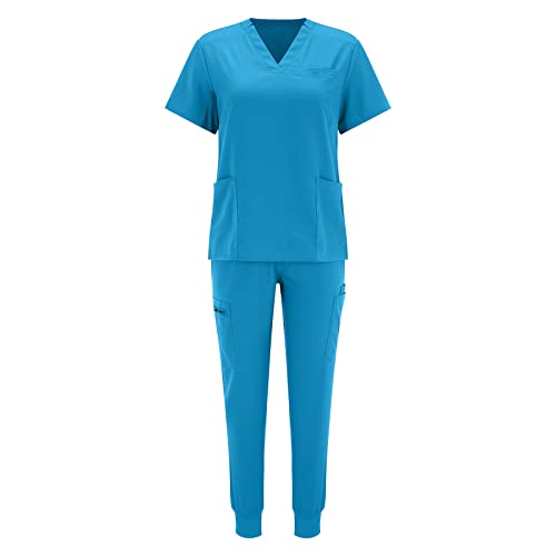 MJIQING Arbeitskleidung Pflege Damen Schlupfkasack Schlupfhose Set Uniform mit Oberteil und Hose Einfarbig V-Ausschnitt Kasack Kurzarm Berufsbekleidung Zwei Taschen Uniformen Nurse von MJIQING