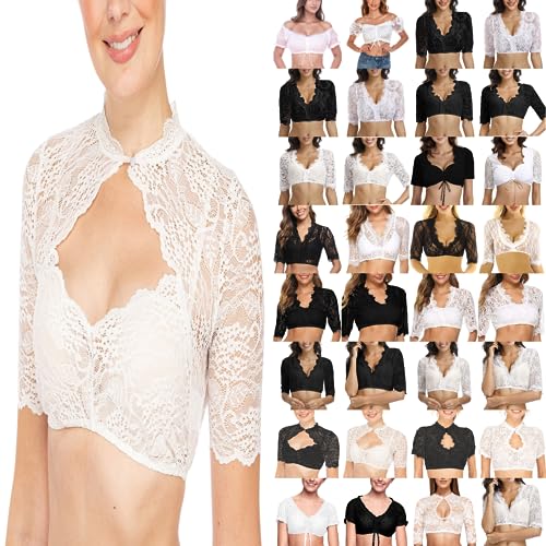 MJIQING Damen Dirndlbluse aus Spitze und Baumwolle – Elegante weiße Dirndl Bluse Wiesnherz Elegante Halbarm Bluse von MJIQING