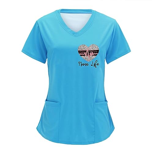 MJIQING Damen PflegekräFte Arbeitskleidung Uniformen Mit Liebe-Druck Oberteile Schlupfhemd V-Ausschnitt Kasack Kurzarm T-Shirts Tops Arbeitsuniform Schlupfkasack üBergrößE Kasack Pflege Mit Taschen von MJIQING