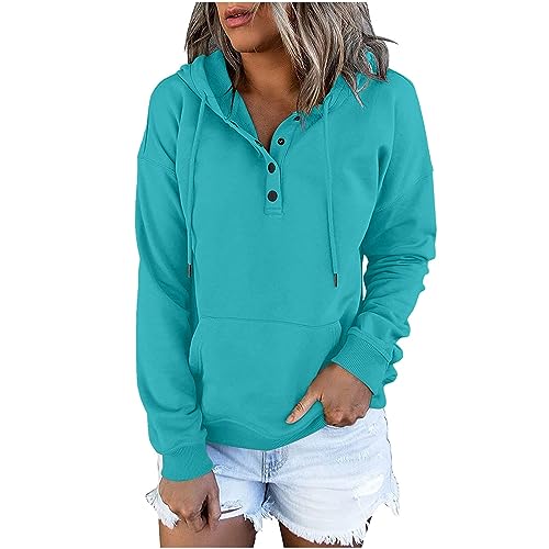 MJIQING Hoodie Damen Knopfleiste Kapuzenpullover Langarm Leichter Pullover Sweatshirt mit Kängurutasche Kordelzug Herbst Winter Casual Einfarbig Pulli Sweatjacke Oberteile Langarmshirt Tops von MJIQING