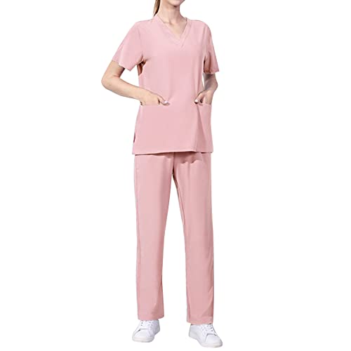 MJIQING Unisex Medizinische Uniform Set mit Kasack und Hose, Einfarbig Medical Schrubb-Set, Pflege Berufsbekleidung von MJIQING