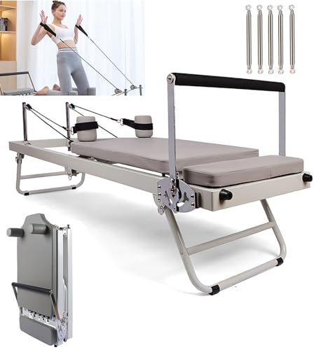 Faltbarer Pilates Reformer Maschine für Zuhause, Einstellbare Intensität Reformer Pilates Maschine für Anfänger Fitnessstudio Pilates Maschine Stärken Kern-Stärke und Gleichgewicht (Beige ) von MJMLUCK