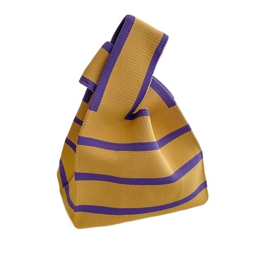 Handgelenktasche Handgefertigte Strickhandtasche for Damen, Mini-Knoten-Handgelenktasche, lässige Farbe, breite Streifen, karierte Einkaufstasche, wiederverwendbare Einkaufstaschen Clutch-Tasche(Yello von MKLHAVB