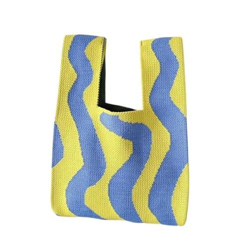 MKLHAVB Handgelenktasche Gestreifte Strickhandtaschen for Damen, handgefertigt, Knoten-Handgelenktasche, lässig, kleine Tragetasche, Mädchen, Wiederverwendbare Einkaufstaschen Clutch-Tasche(Yellow) von MKLHAVB