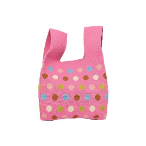 MKLHAVB Handgelenktasche Wiederverwendbare Einkaufstaschen mit Karierten Punkten, Schultertasche, gestrickte Handtasche, Einkaufstasche, Knoten-Handgelenktasche, handgefertigt Clutch-Tasche(Pink) von MKLHAVB