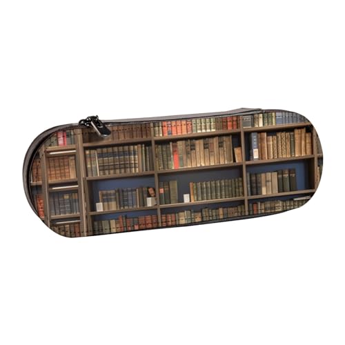 Bücherzimmer Bibliothek bedrucktes Hartschalen-Federmäppchen aus Leder für Mädchen und Jungen, niedliches Federmäppchen, Make-up-Tasche für Reisen, Schule, Büro, Uni, Schwarz , Einheitsgröße, von MKNAZ