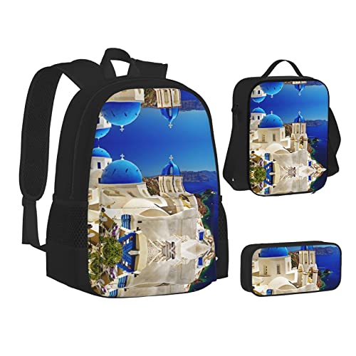 MLTRFGJ Santorini Griechische Insel Meerblick Bedrucktes 3-teiliges Rucksack-Set, kombiniert Rucksack, Federmäppchen und Lunchtasche, Schwarz , Einheitsgröße, Schulranzen von MLTRFGJ
