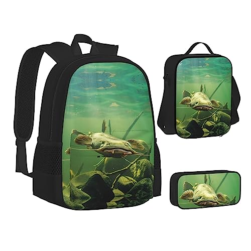 MLTRFGJ Underwater Catfish Bedrucktes 3-teiliges Rucksack-Set, kombiniert Rucksack, Federmäppchen und Lunchtasche, Schwarz , Einheitsgröße, Schulranzen von MLTRFGJ