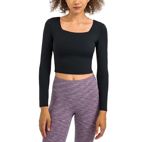 MLWSKERTY Crop Tops Für Damen Langärmliges Hemd Mit Quadratischem Ausschnitt Dehnbares Workout Übungsoberteil Lässiges Schmal Geschnittenes Hemd Mit Integriertem von MLWSKERTY